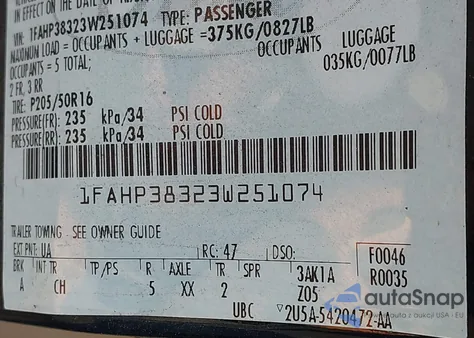 2003 Ford Focus Zts z USA, uszkodzony, nr VIN 1FAHP38323W251074